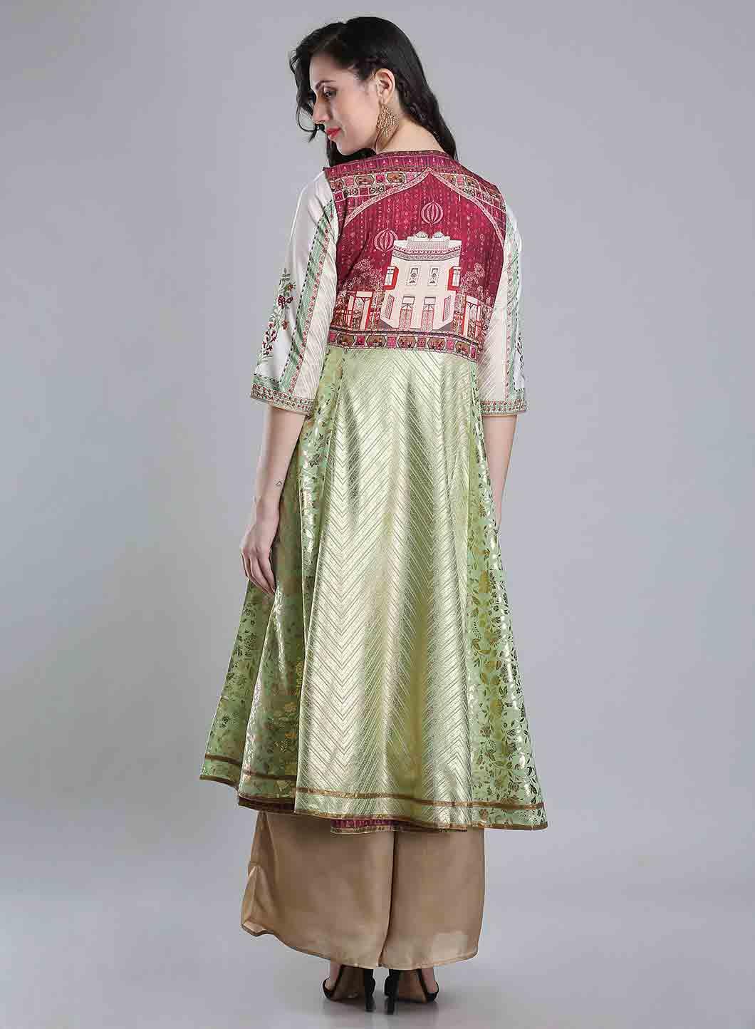 White &amp; Green Round Neck kurta - wforwoman