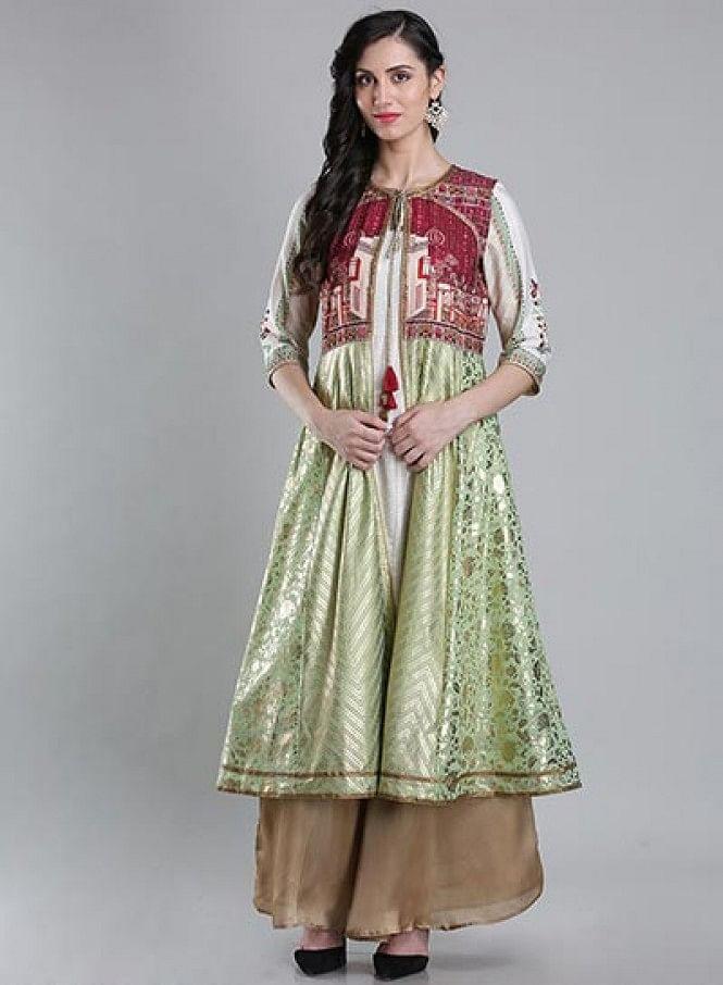 White &amp; Green Round Neck kurta - wforwoman