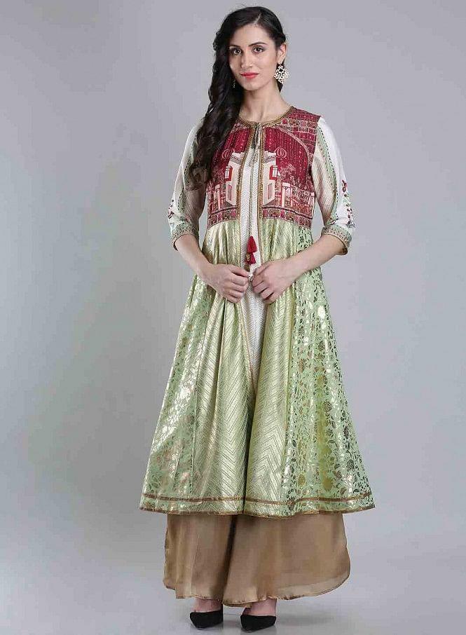 White &amp; Green Round Neck kurta - wforwoman