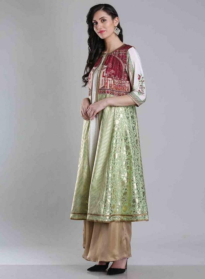 White &amp; Green Round Neck kurta - wforwoman