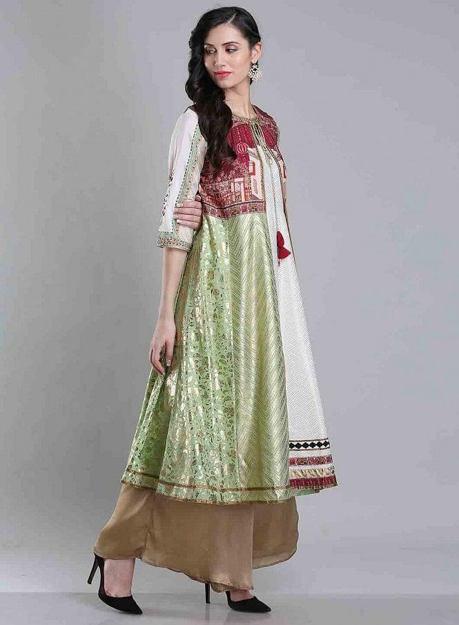 White &amp; Green Round Neck kurta - wforwoman