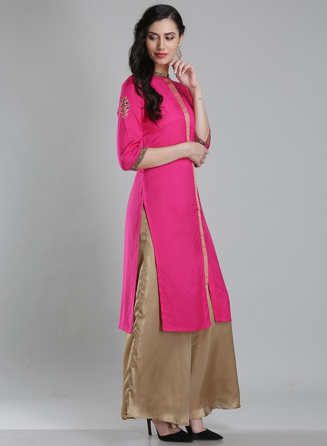 Pink Solid Mandarin Neck kurta - wforwoman