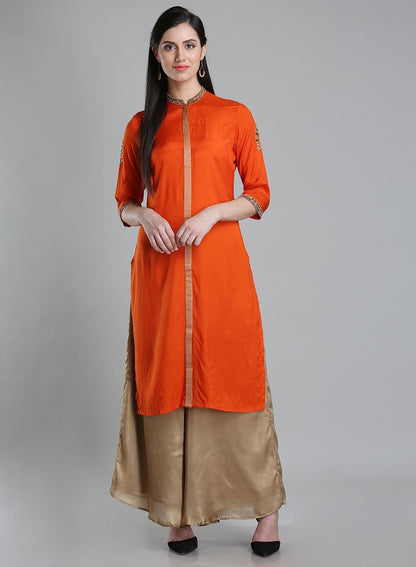 Orange Solid Mandarin Neck kurta - wforwoman