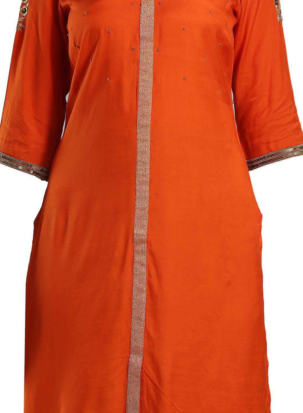 Orange Solid Mandarin Neck kurta - wforwoman