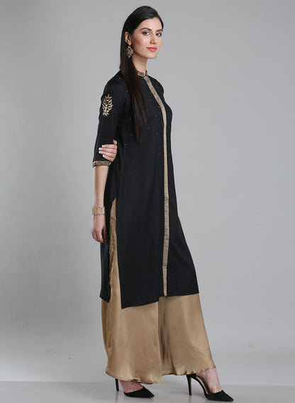 Black Solid Mandarin Neck kurta - wforwoman