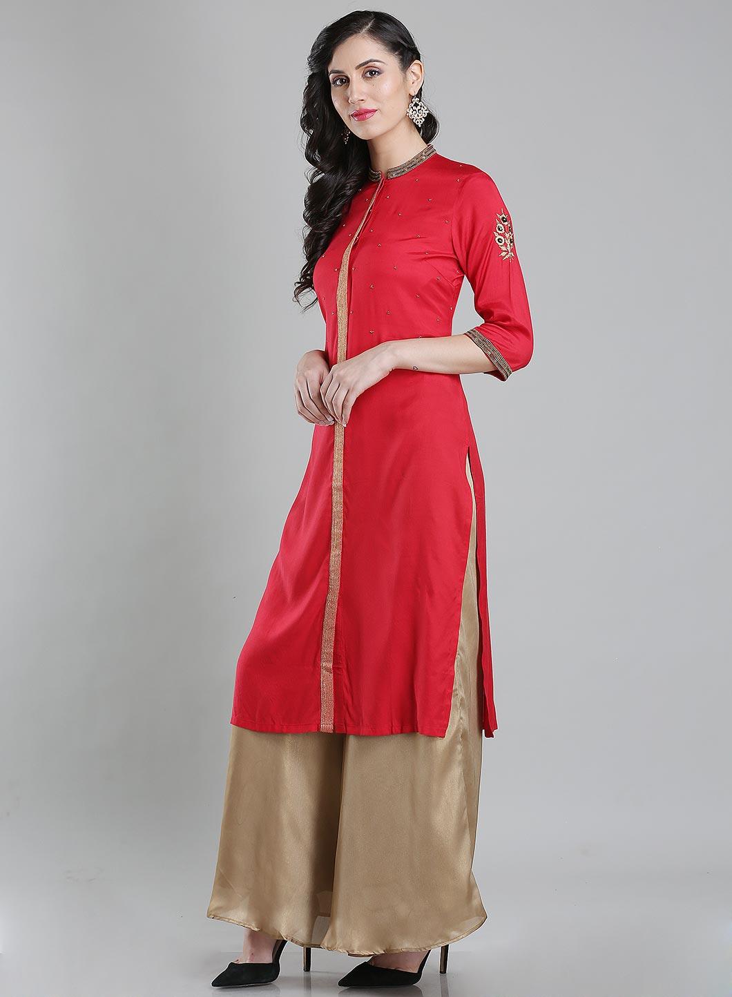 Red Mandarin Neck 3/4 Sleeves kurta - wforwoman