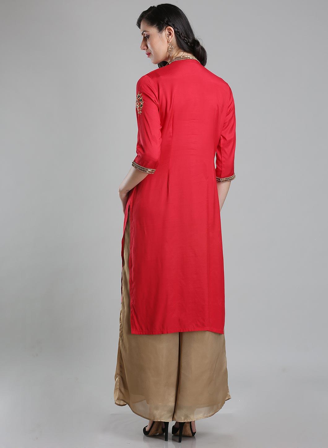 Red Mandarin Neck 3/4 Sleeves kurta - wforwoman