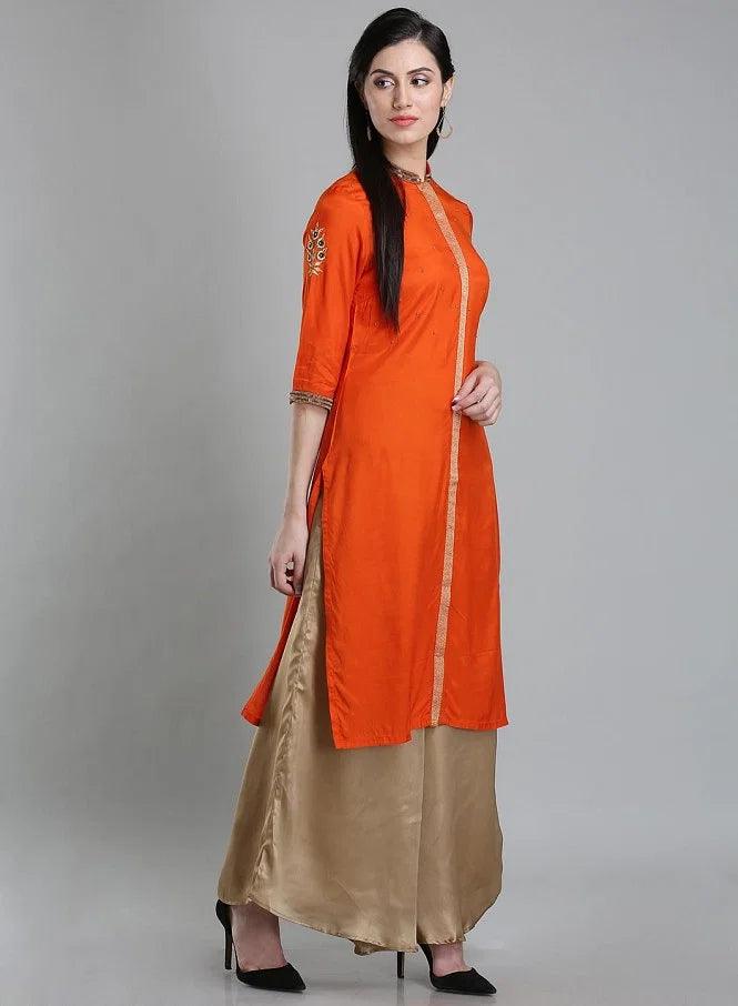 Orange Solid Mandarin Neck kurta - wforwoman