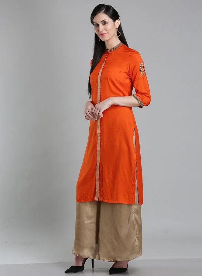 Orange Solid Mandarin Neck kurta - wforwoman