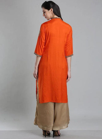 Orange Solid Mandarin Neck kurta - wforwoman