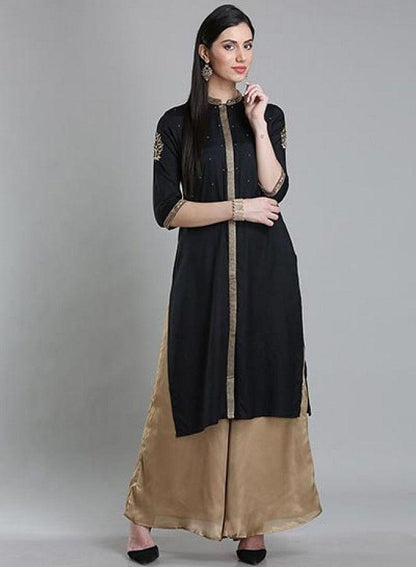 Black Solid Mandarin Neck kurta - wforwoman