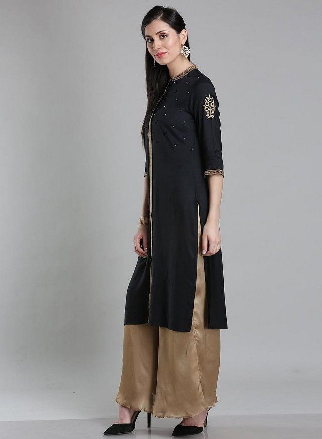 Black Solid Mandarin Neck kurta - wforwoman