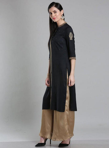 Black Solid Mandarin Neck kurta - wforwoman