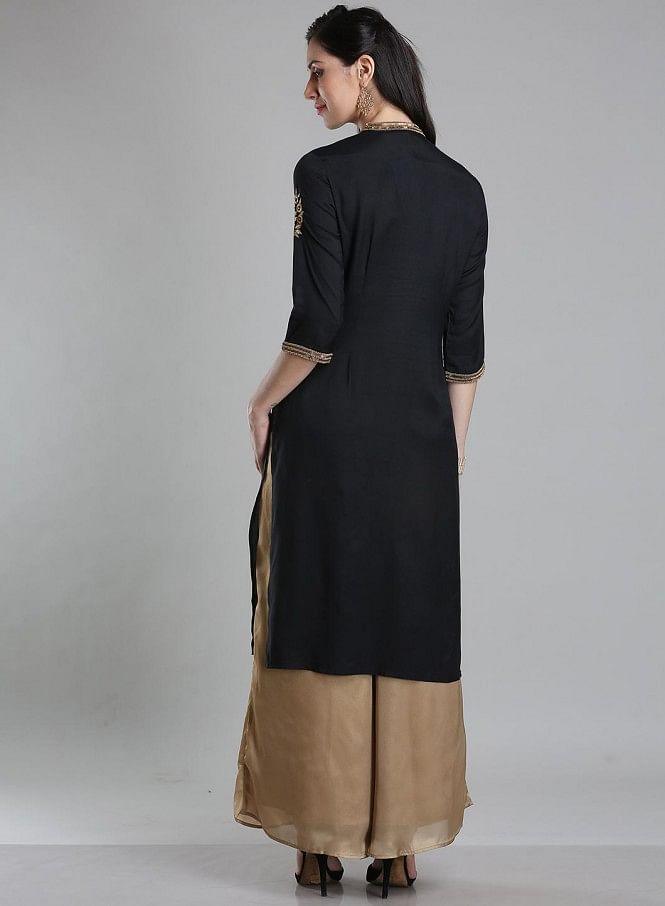 Black Solid Mandarin Neck kurta - wforwoman