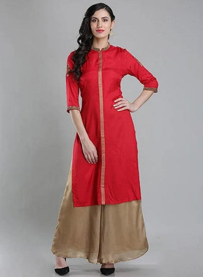 Red Mandarin Neck 3/4 Sleeves kurta - wforwoman