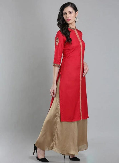 Red Mandarin Neck 3/4 Sleeves kurta - wforwoman