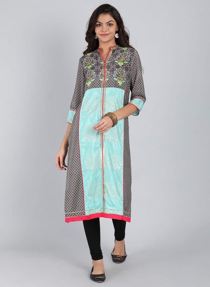 Grey Mandarin Neck Printed kurta - wforwoman