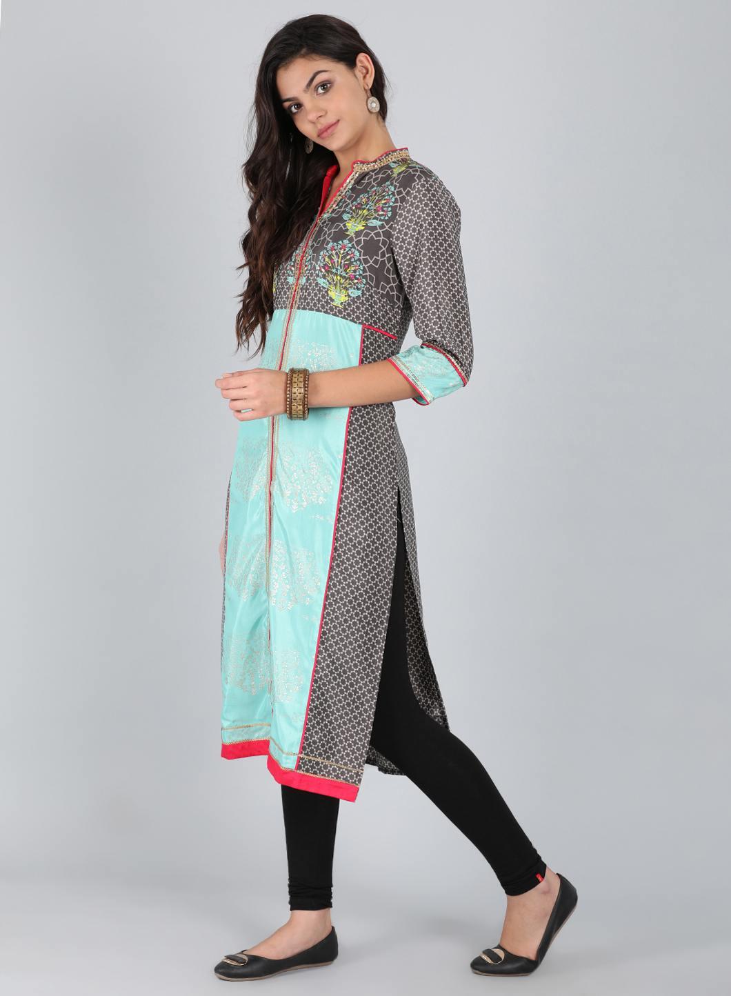 Grey Mandarin Neck Printed kurta - wforwoman