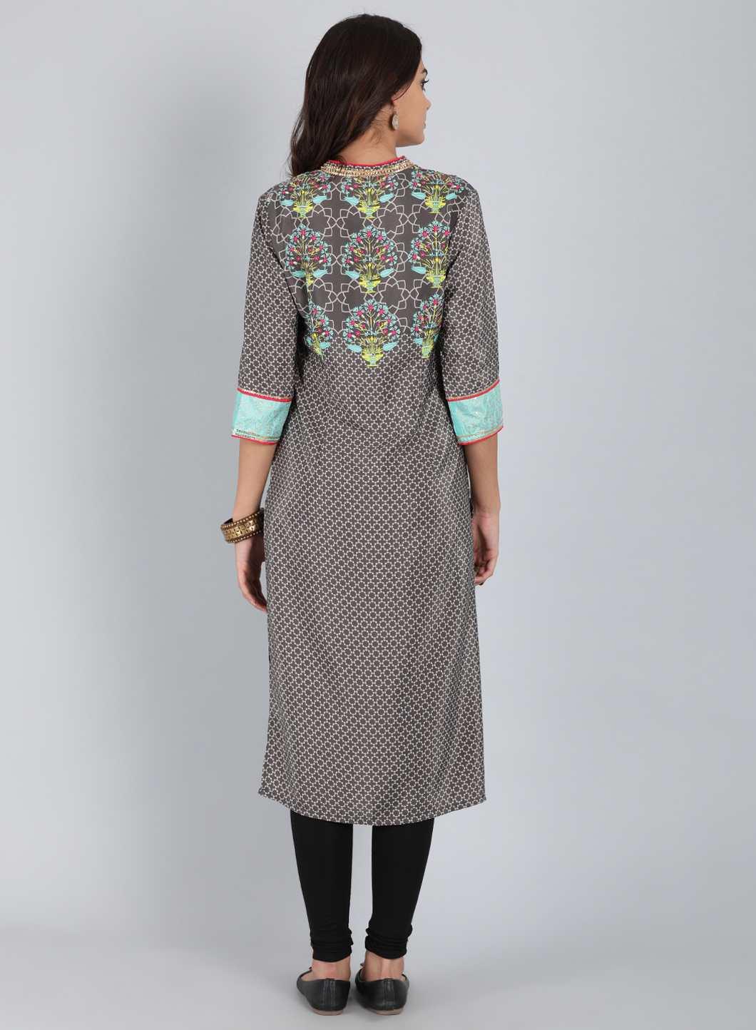 Grey Mandarin Neck Printed kurta - wforwoman