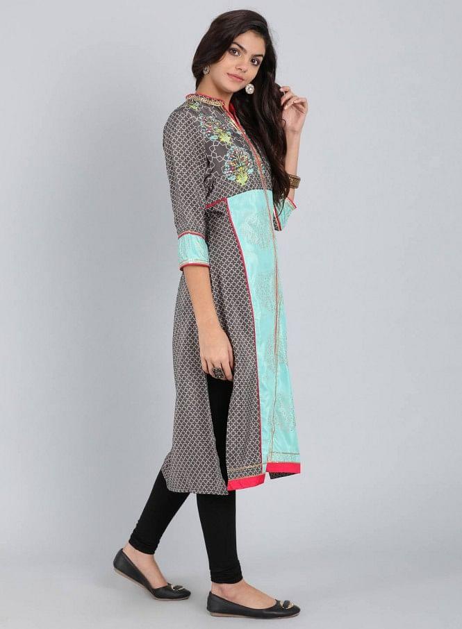 Grey Mandarin Neck Printed kurta - wforwoman