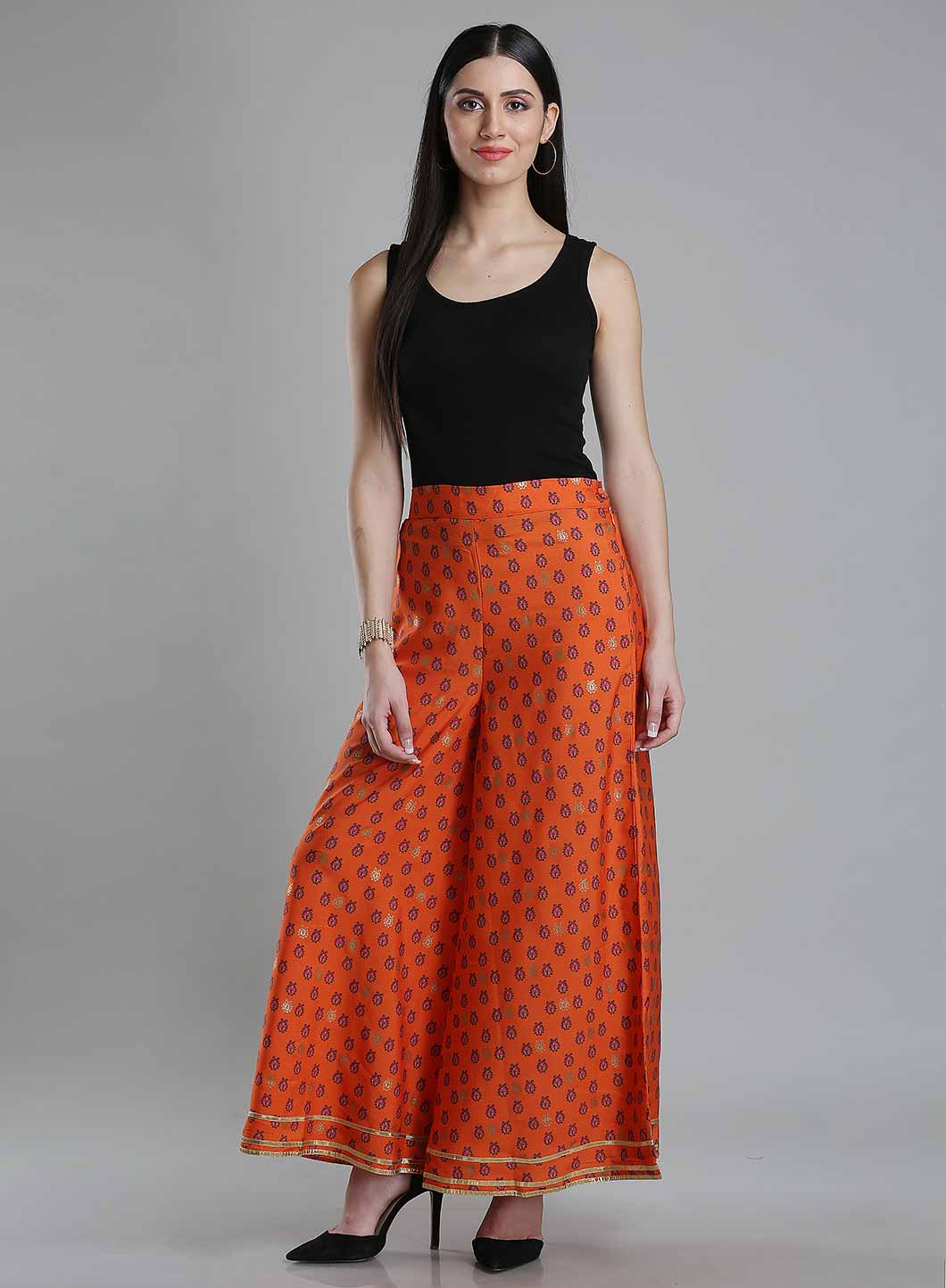 Orange Printed Flared Pants