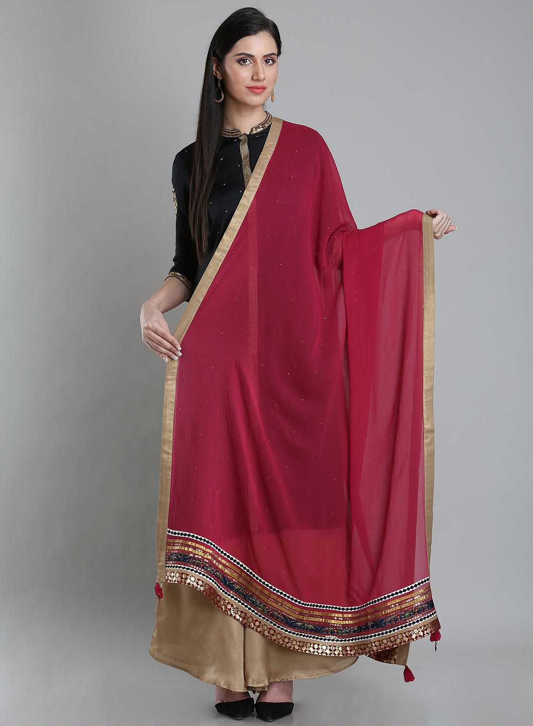 Pink Dupatta With Golden Border