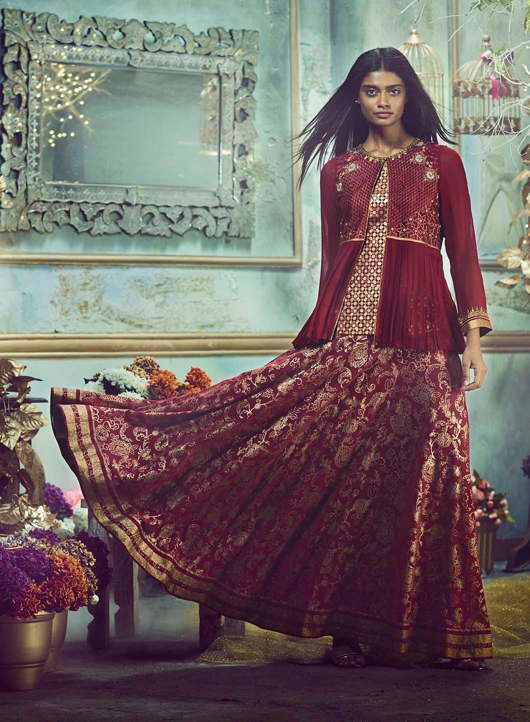 Maroon Embellished Round Neck Ethnic Set - wforwoman