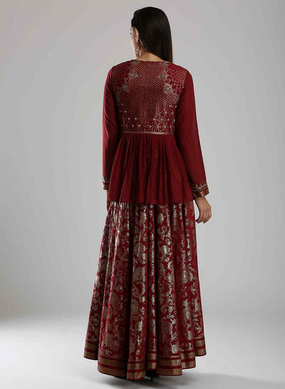 Maroon Embellished Round Neck Ethnic Set - wforwoman