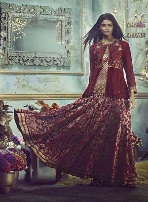 Maroon Embellished Round Neck Ethnic Set - wforwoman