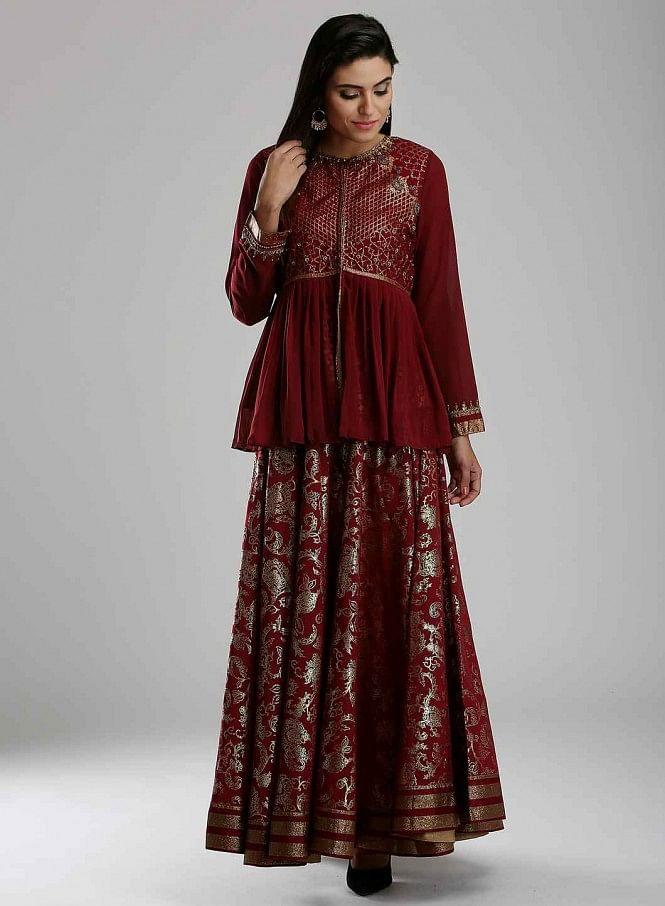 Maroon Embellished Round Neck Ethnic Set - wforwoman