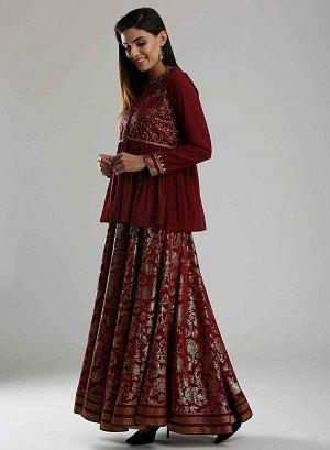 Maroon Embellished Round Neck Ethnic Set - wforwoman