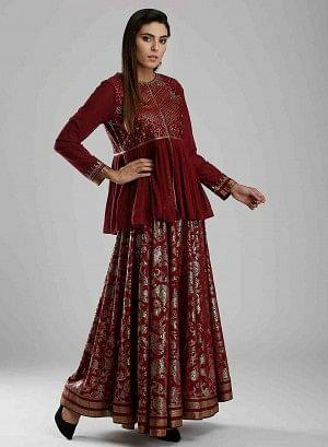 Maroon Embellished Round Neck Ethnic Set - wforwoman