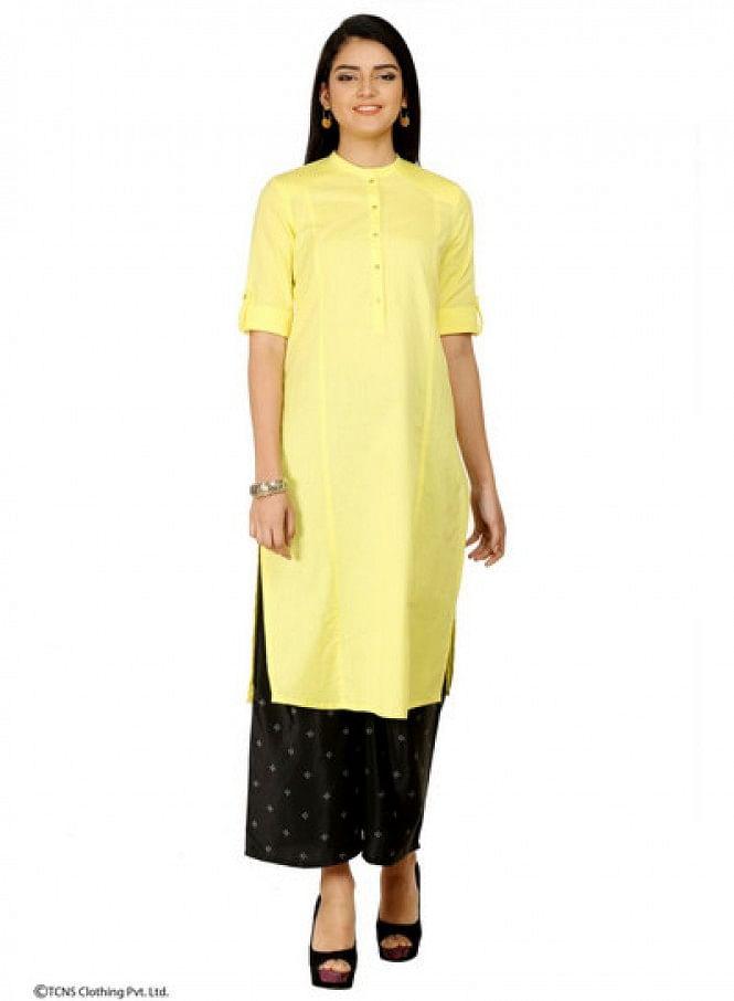 Yellow 3/4 Sleeve kurta - wforwoman