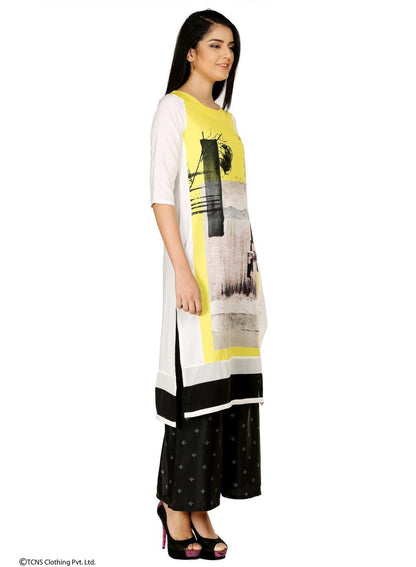 White Printed 3/4 Sleeve kurta - wforwoman