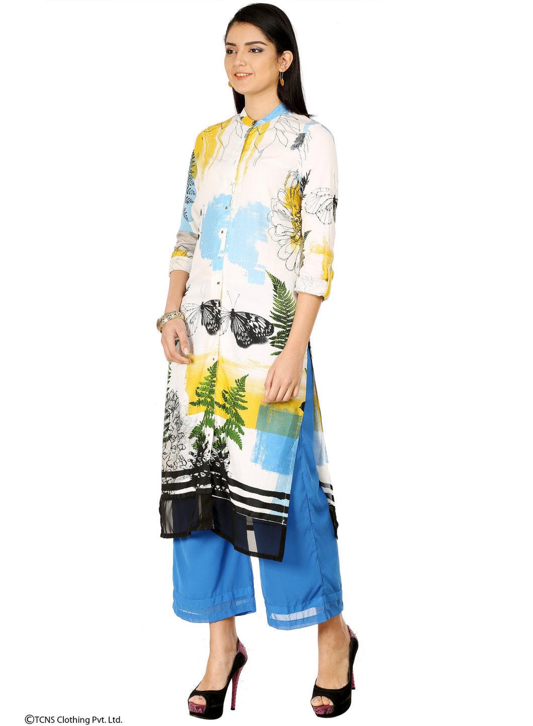 White Printed Full Sleeve kurta - wforwoman