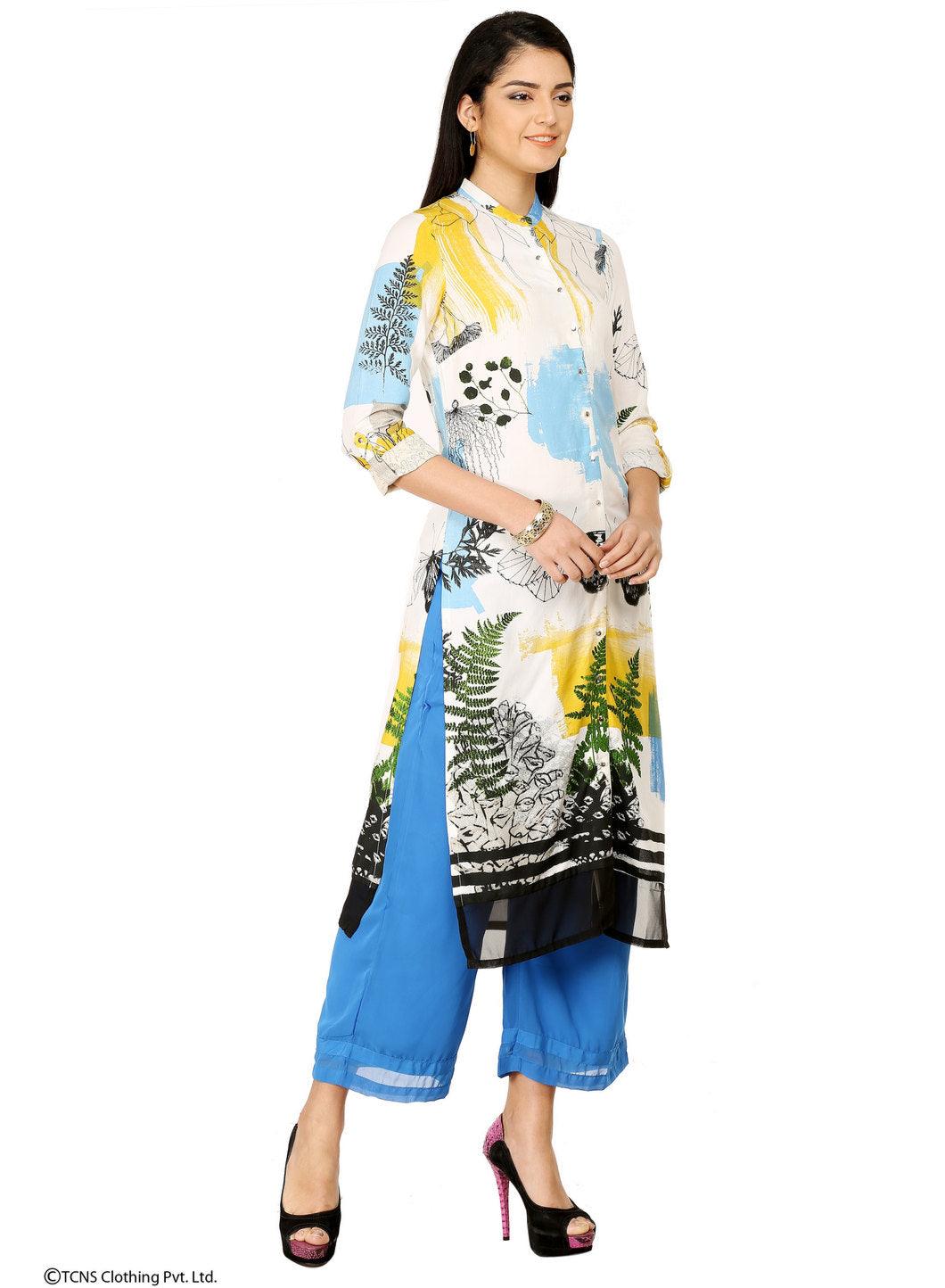 White Printed Full Sleeve kurta - wforwoman