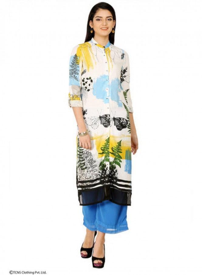 White Printed Full Sleeve kurta - wforwoman