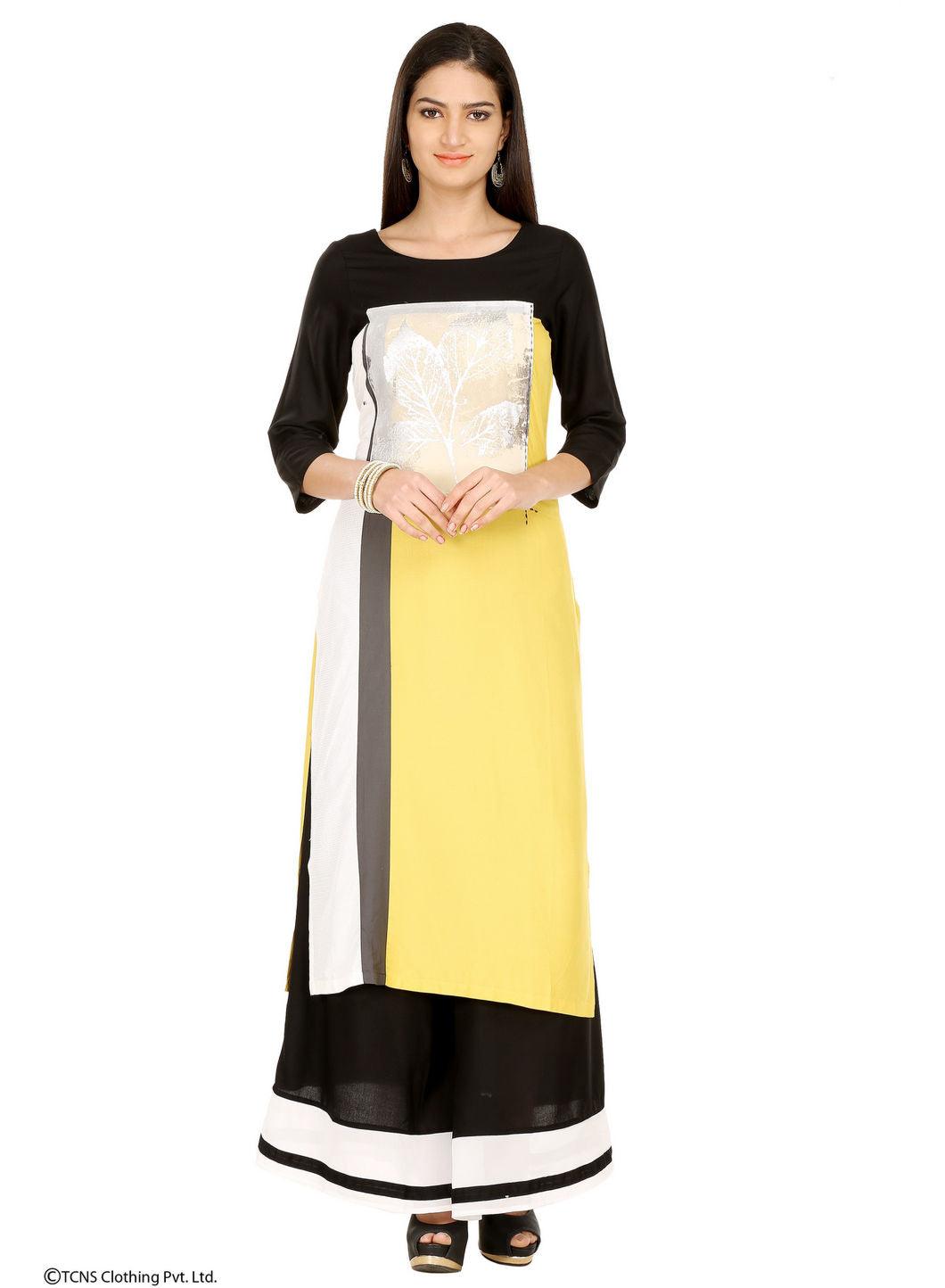 Yellow Printed 3/4 Sleeve kurta - wforwoman