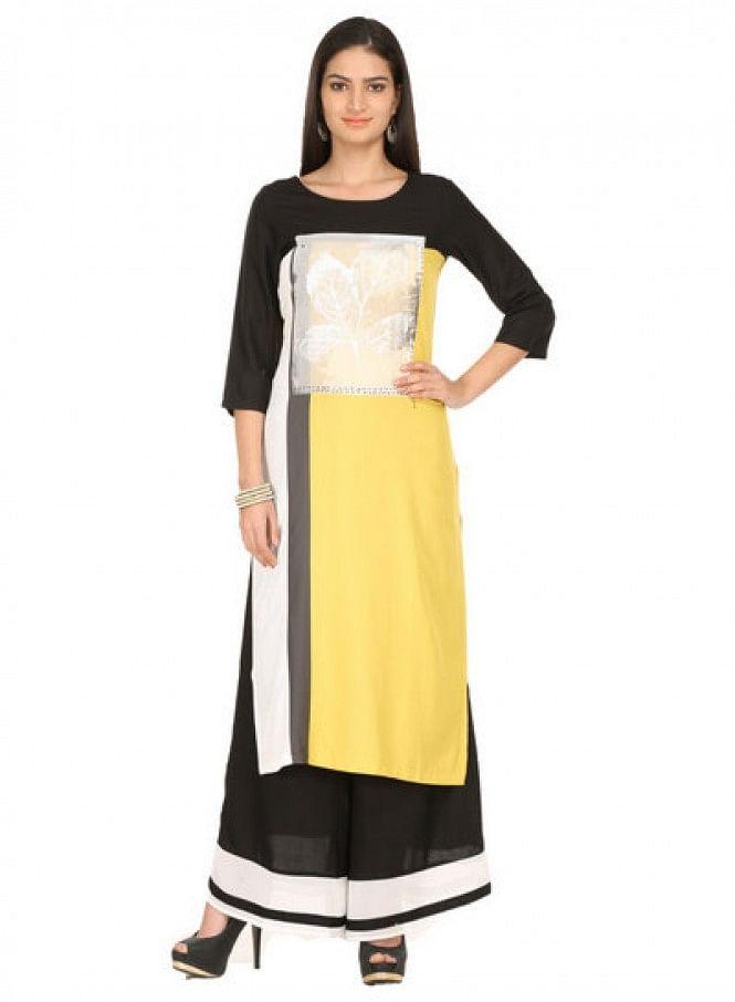 Yellow Printed 3/4 Sleeve kurta - wforwoman