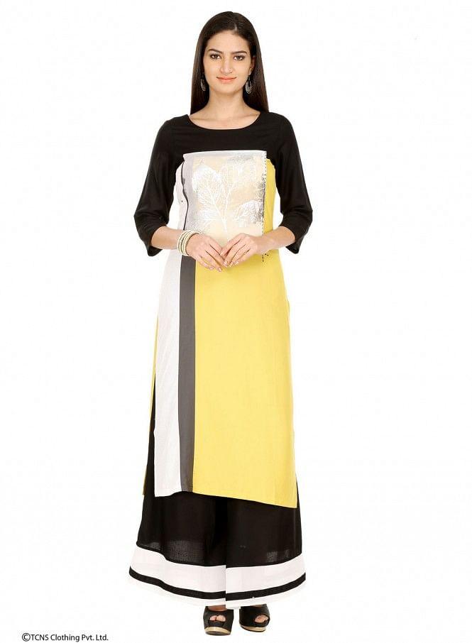 Yellow Printed 3/4 Sleeve kurta - wforwoman