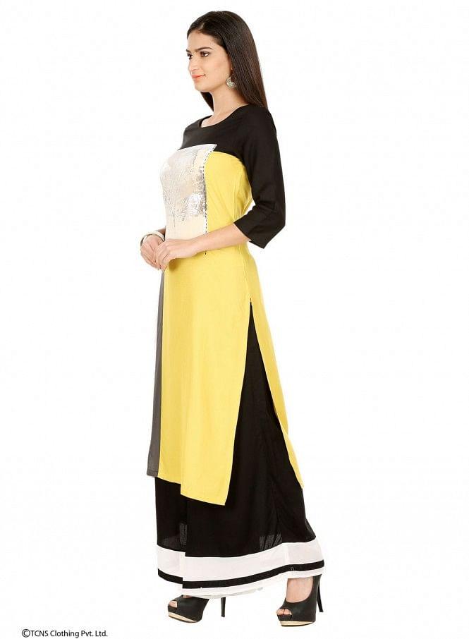 Yellow Printed 3/4 Sleeve kurta - wforwoman