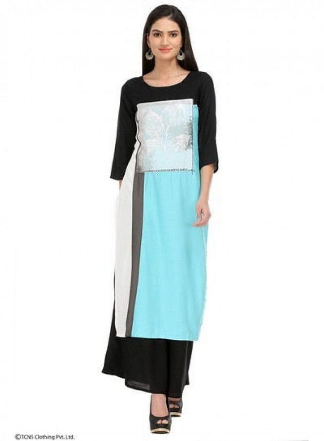 Blue Printed 3/4 Sleeve kurta - wforwoman