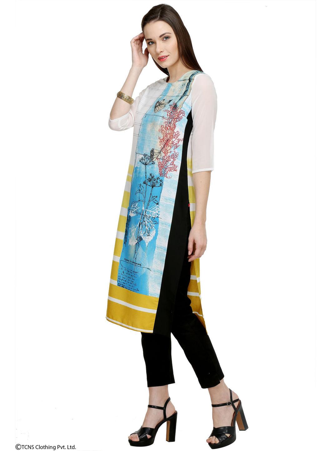 White Printed 3/4 Sleeve kurta - wforwoman