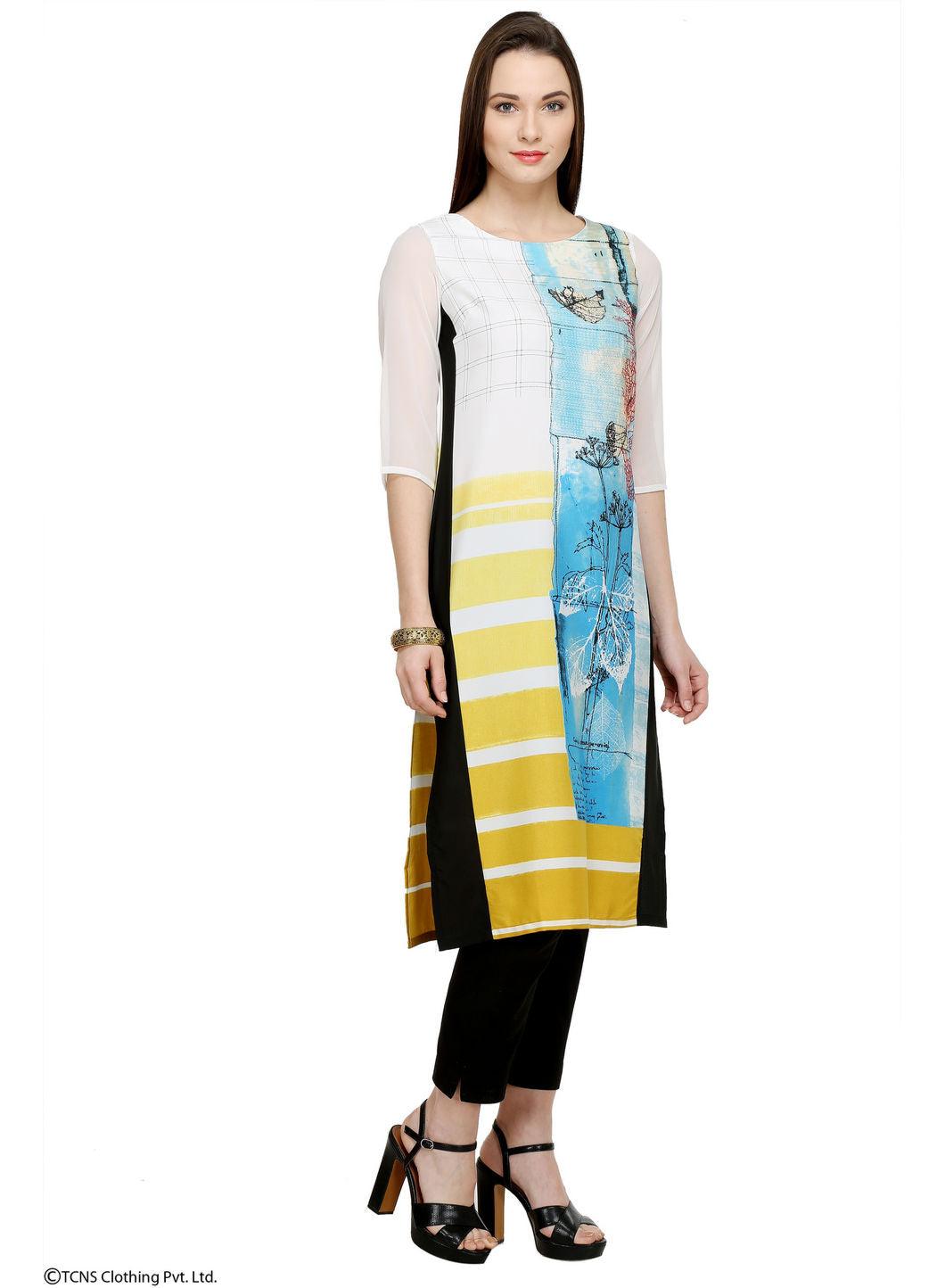 White Printed 3/4 Sleeve kurta - wforwoman