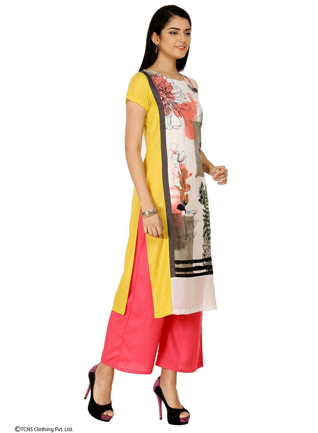 Yellow Printed Short Sleeve kurta - wforwoman