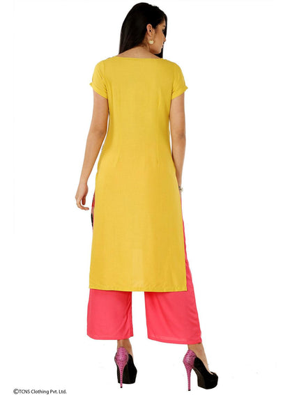 Yellow Printed Short Sleeve kurta - wforwoman