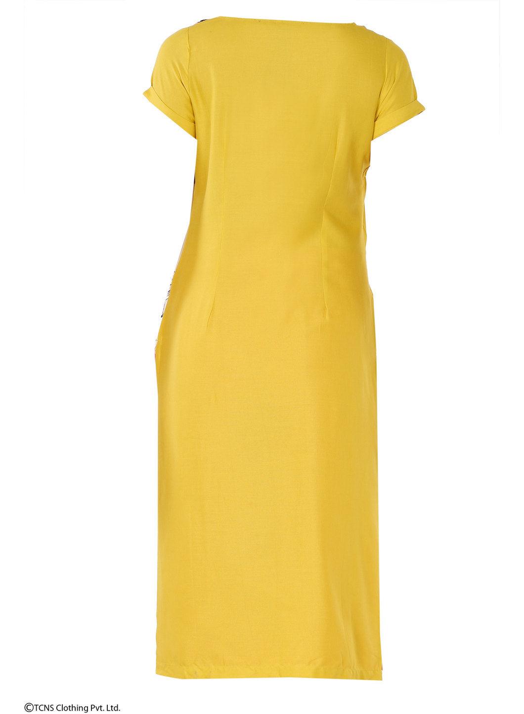 Yellow Printed Short Sleeve kurta - wforwoman