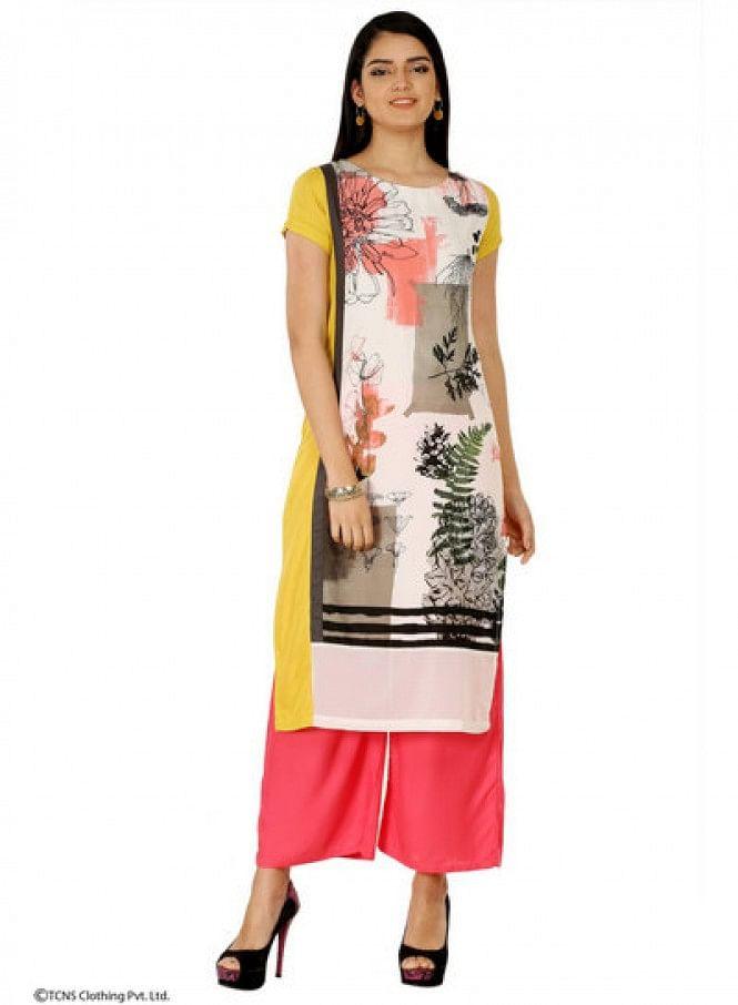 Yellow Printed Short Sleeve kurta - wforwoman