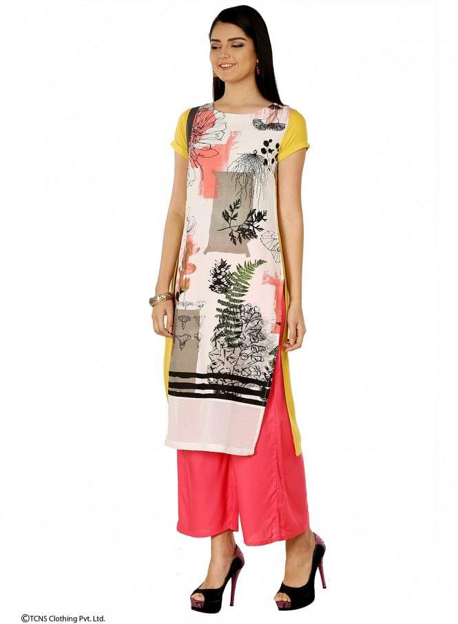 Yellow Printed Short Sleeve kurta - wforwoman