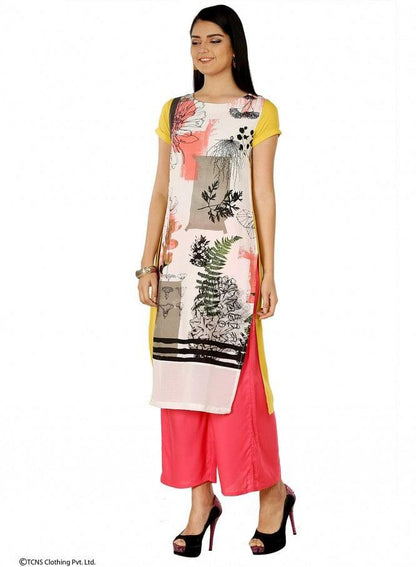 Yellow Printed Short Sleeve kurta - wforwoman